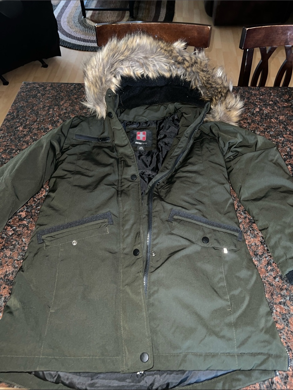 Swiss Tech Olive Green Kids Parka with Faux Fur Trim